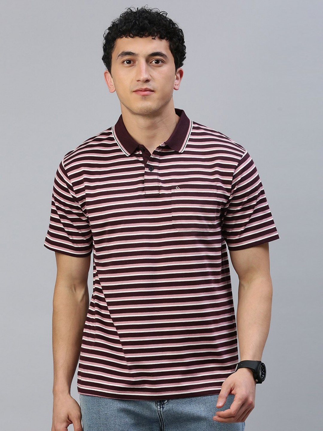 

Classic Polo Men Striped Polo Collar Cotton T-shirt, Brown