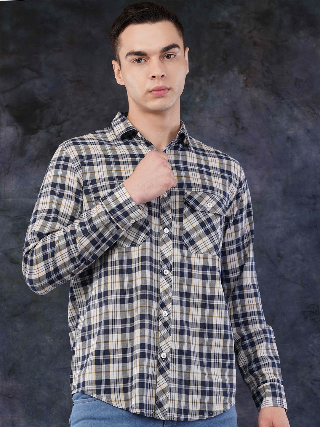 

Binioz Men Classic Fit Spread Collar Tartan Checked Cotton Casual Shirt, White
