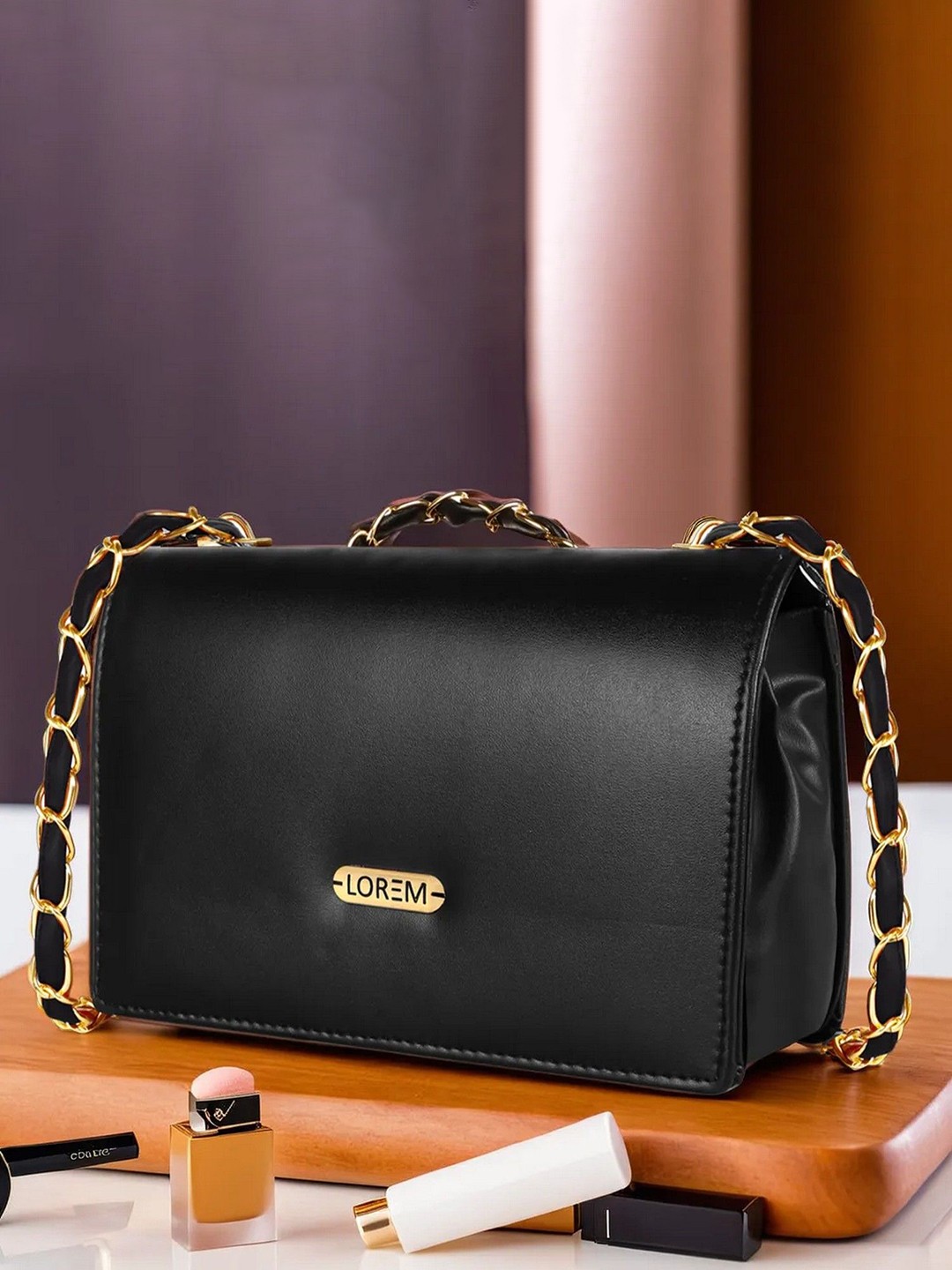 

LOREM Women Solid Structured Leather Sling Bag, Black