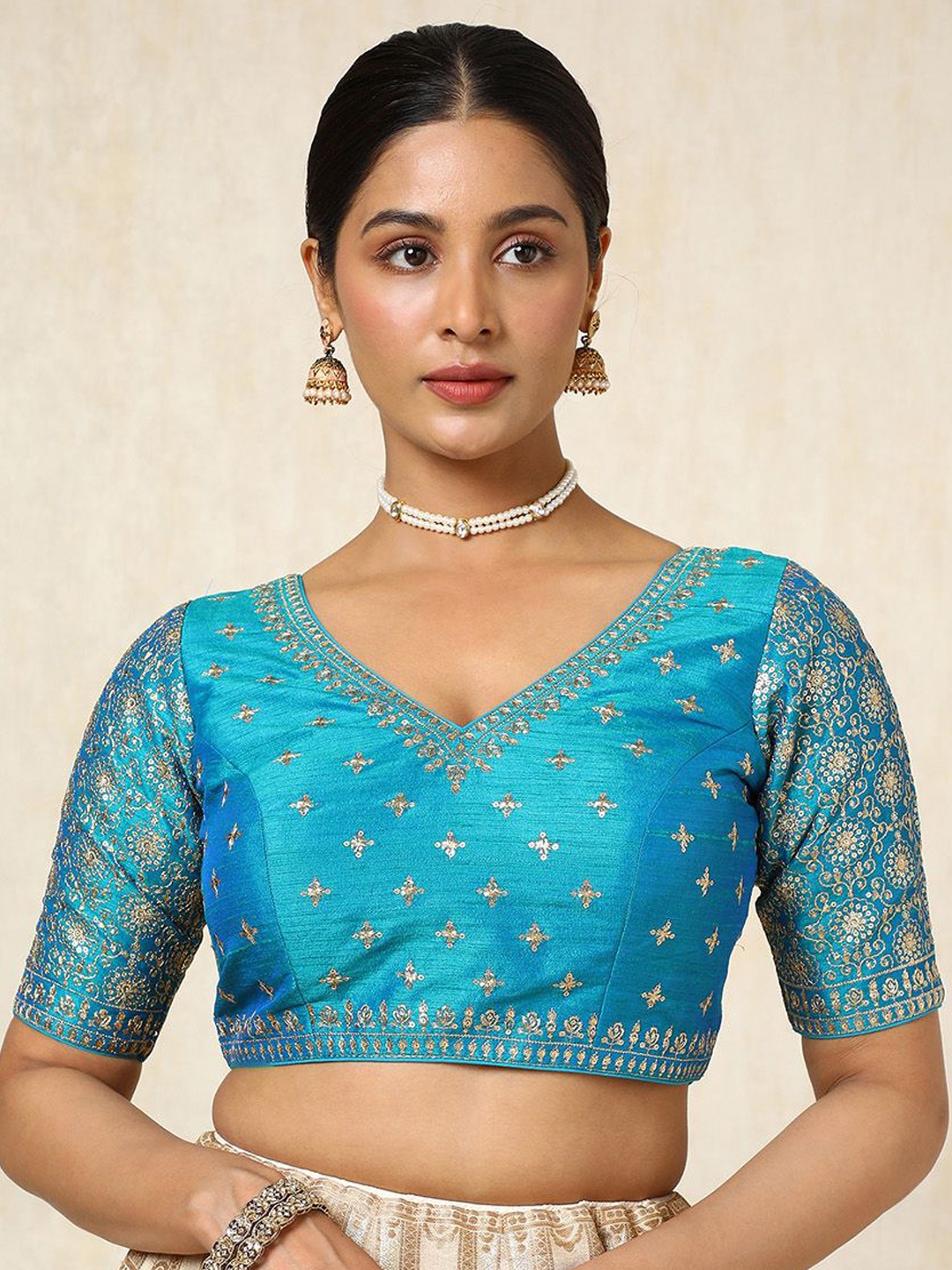 

Soch Embroidered V Neck Padded Saree Blouse With Sequins, Blue