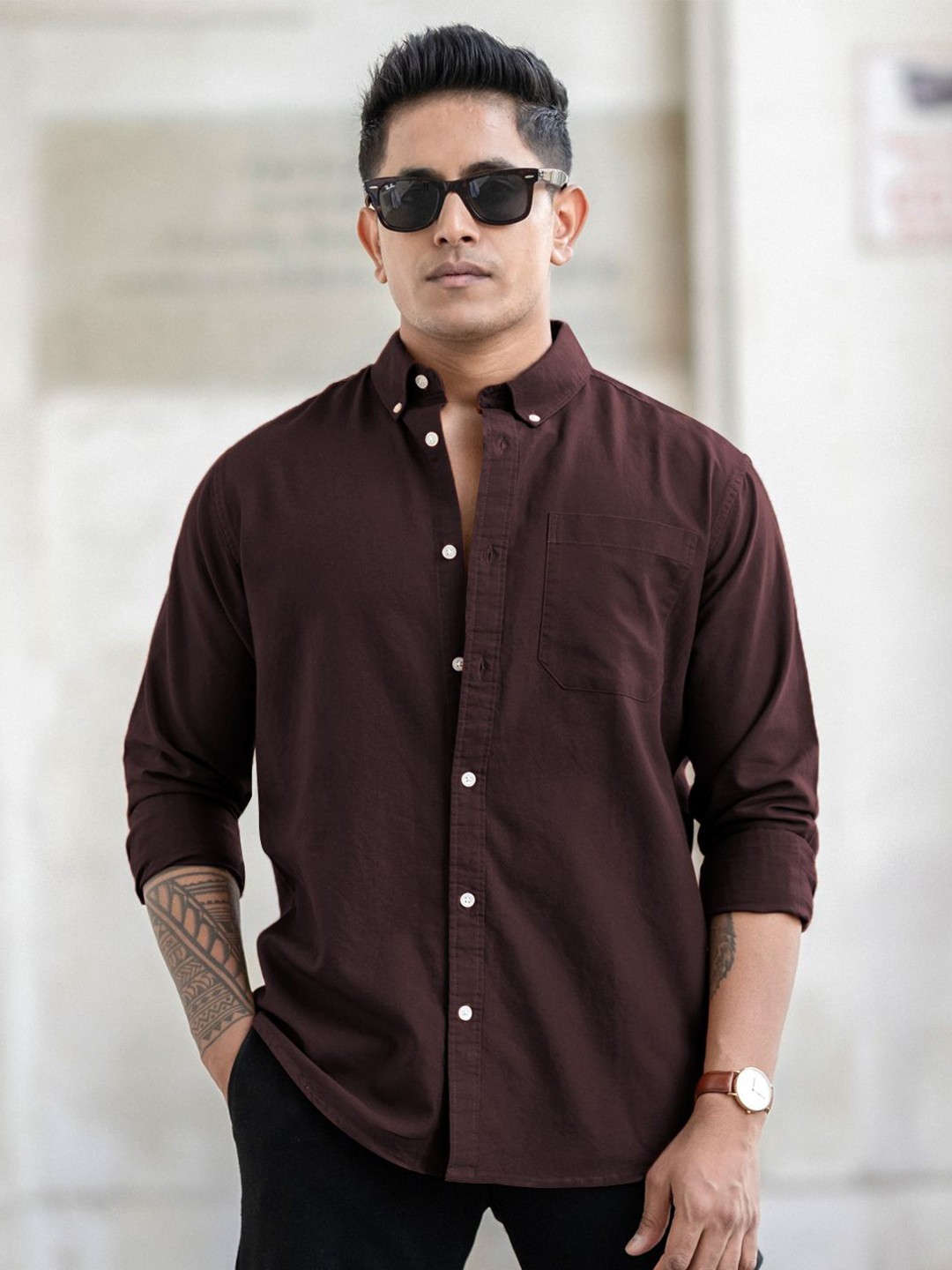 

Powerlook Men Regular Fit Button-Down Collar Solid Cotton Casual Shirt, Brown