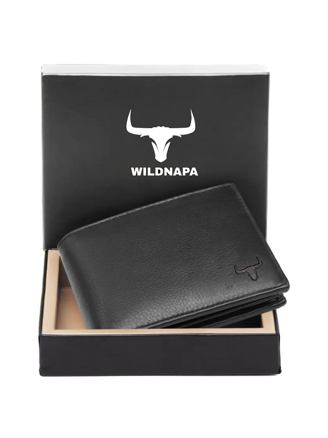 

WILDNAPA Men Leather Two Fold Wallet, Black