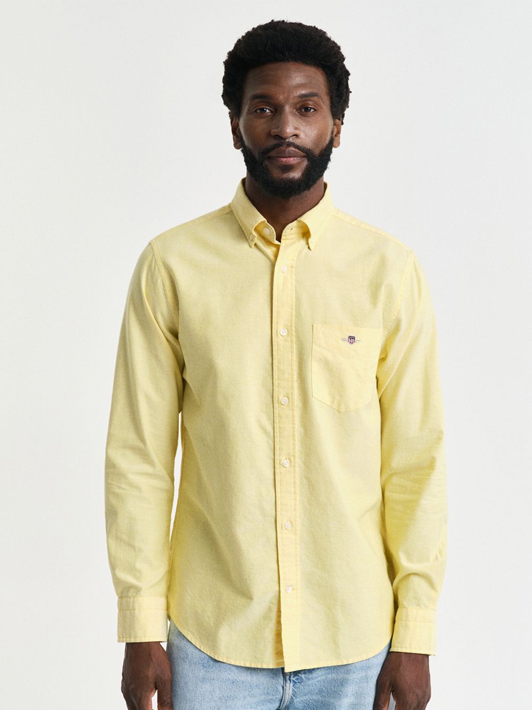 

GANT Men Button-Down Collar Solid Cotton Casual Shirt, Yellow