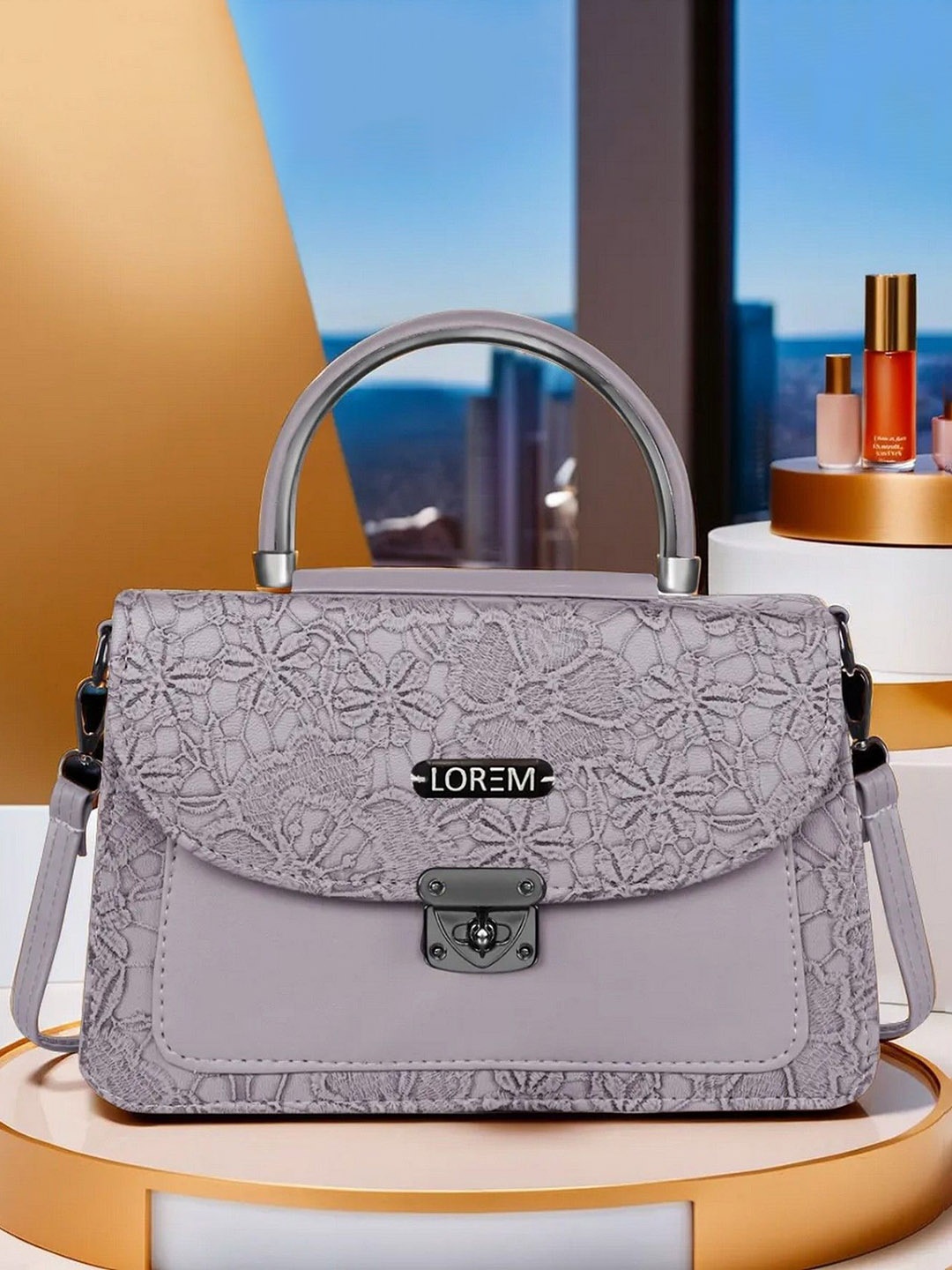 

LOREM Shopper Sling Bag with Applique, Grey