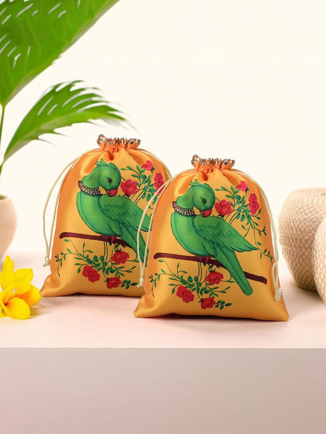 

Kuber Industries Yellow 2 Pieces Parrot Printed Satin Potli Clutch