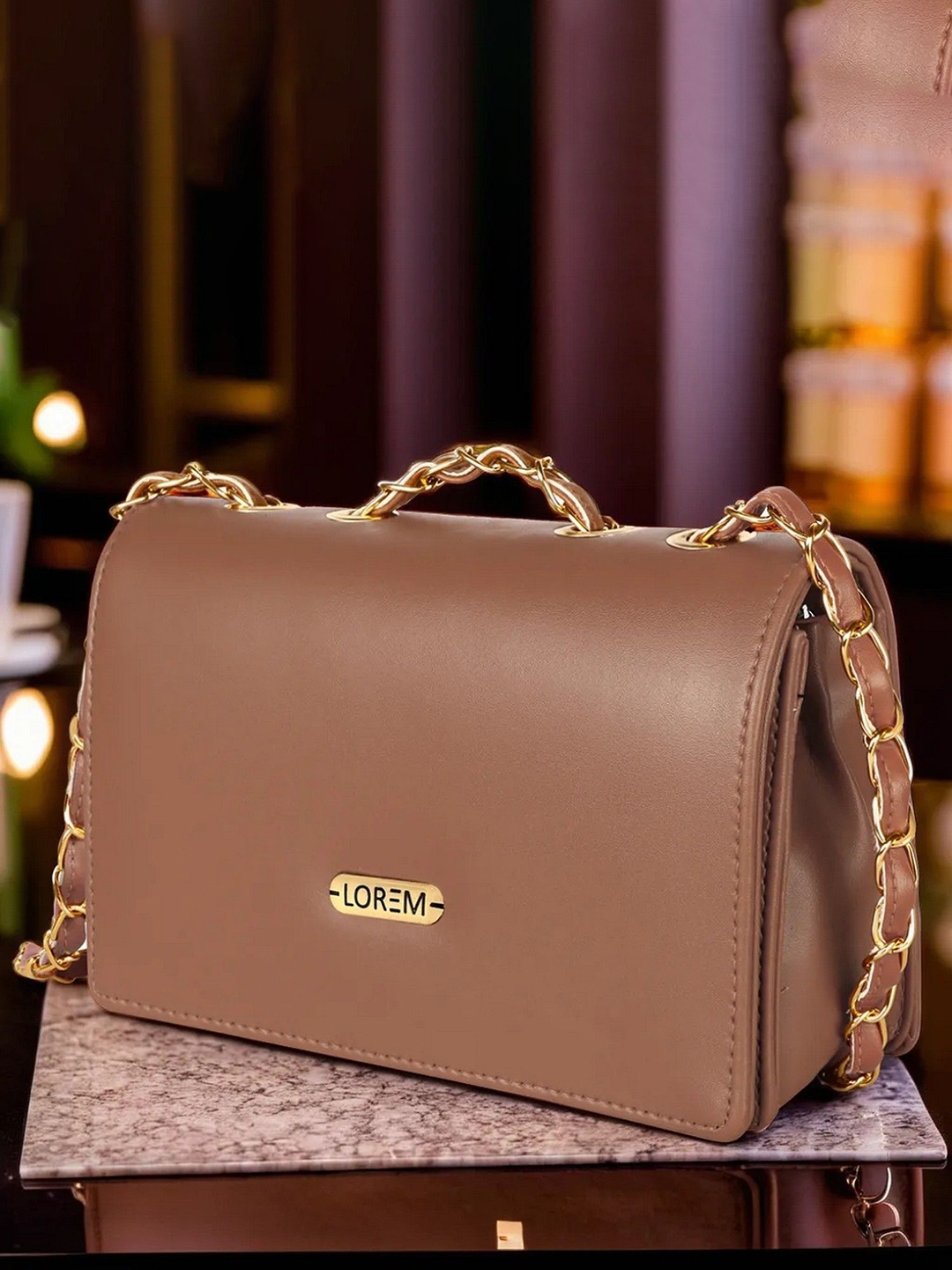 

LOREM Women Solid Structured Leather Sling Bag, Brown