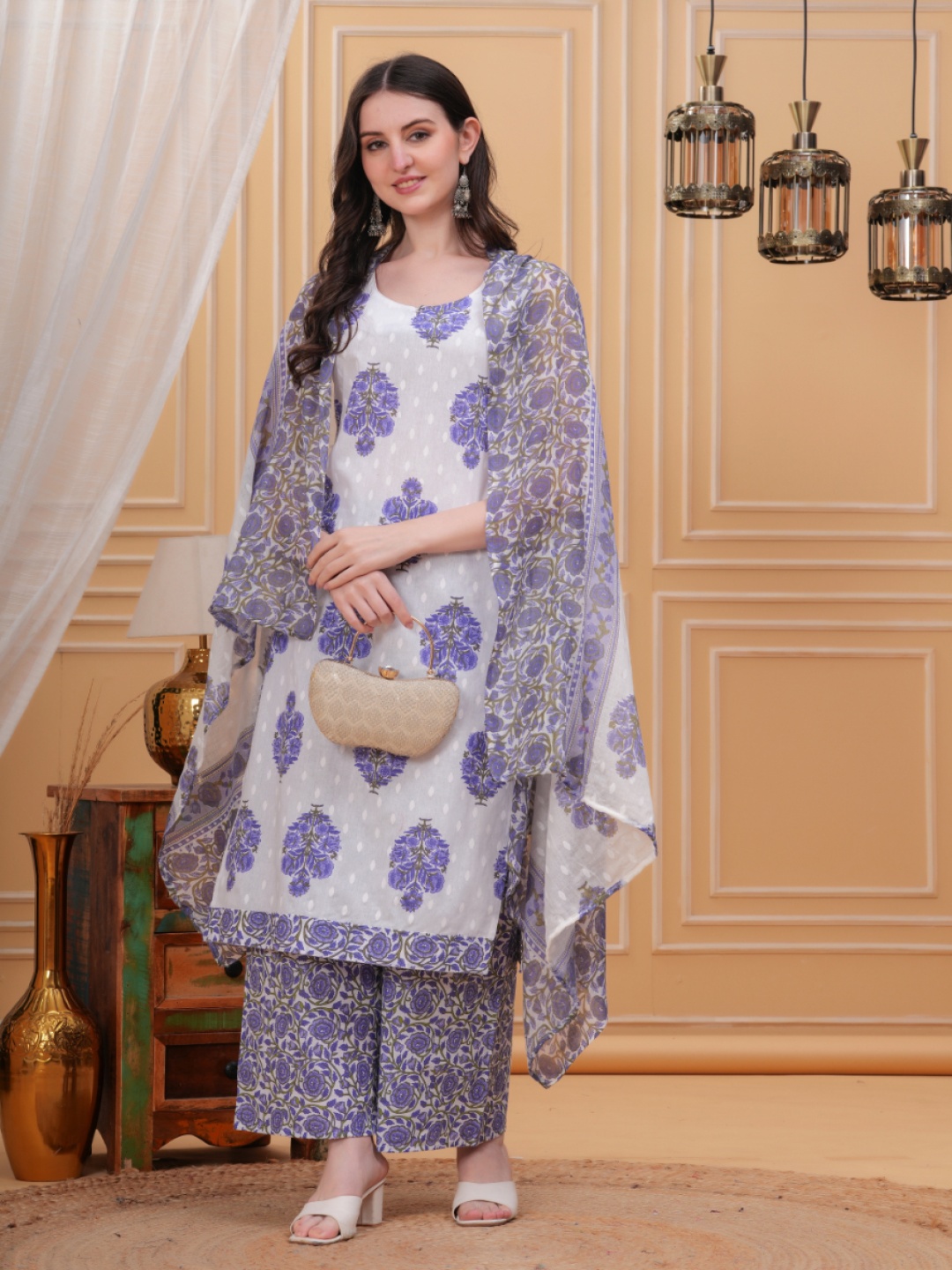 

HIGHLIGHT FASHION EXPORT Floral Printed Straight Kurta With Palazzos & Dupatta, Blue