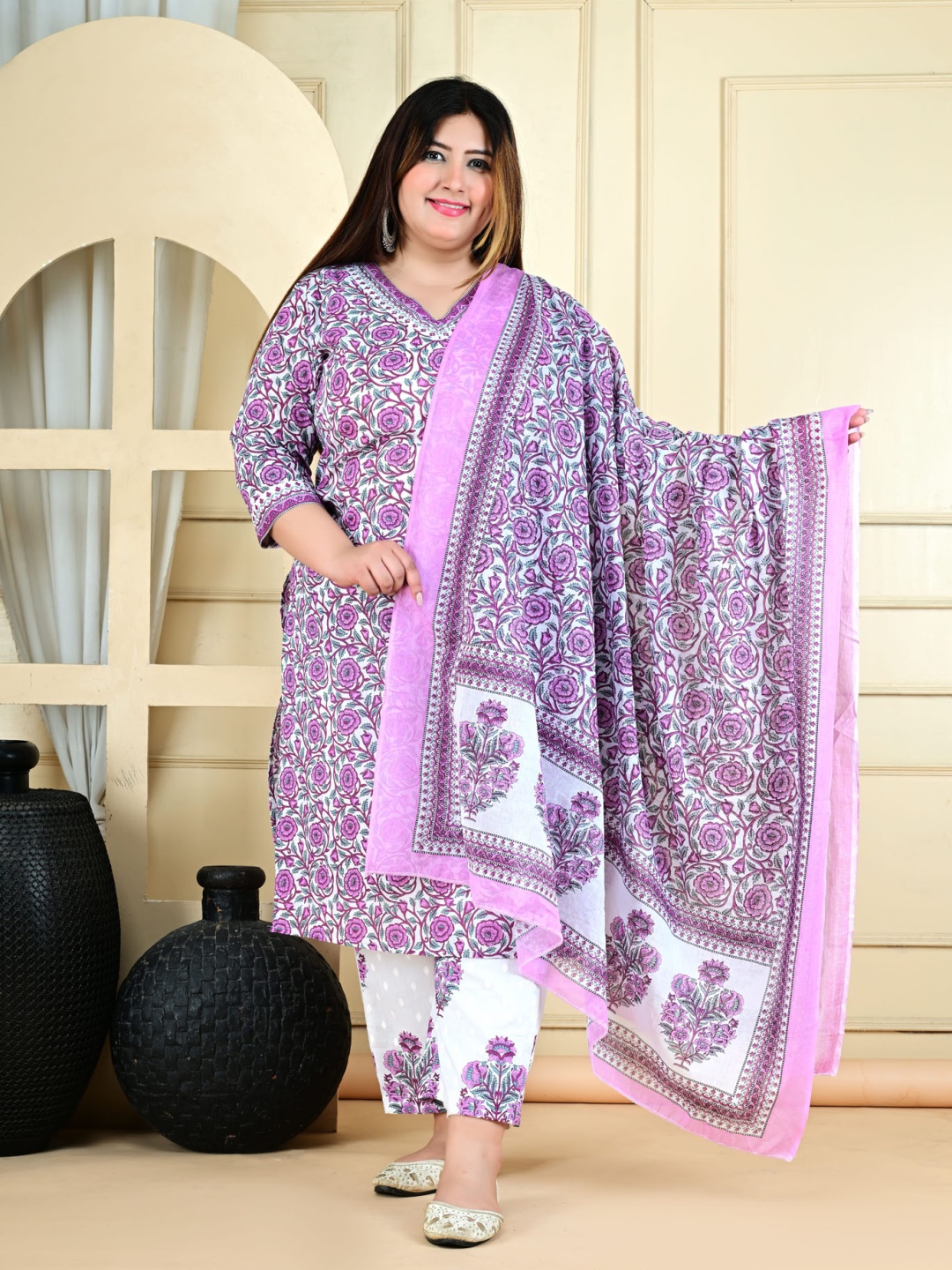 

L.H HANDICRAFTS Plus Size Floral Printed Pure Cotton Kurta With Trouser And Dupatta, Purple