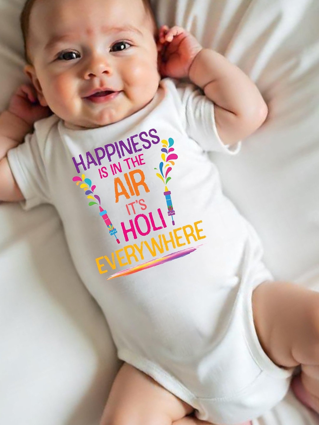 

KNITROOT Infants Happiness Is In The Air It's Holi Everywhere Printed Bodysuit, White