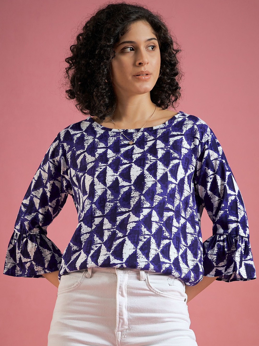 

DressBerry Print Bell Sleeve Boxy Top, Blue