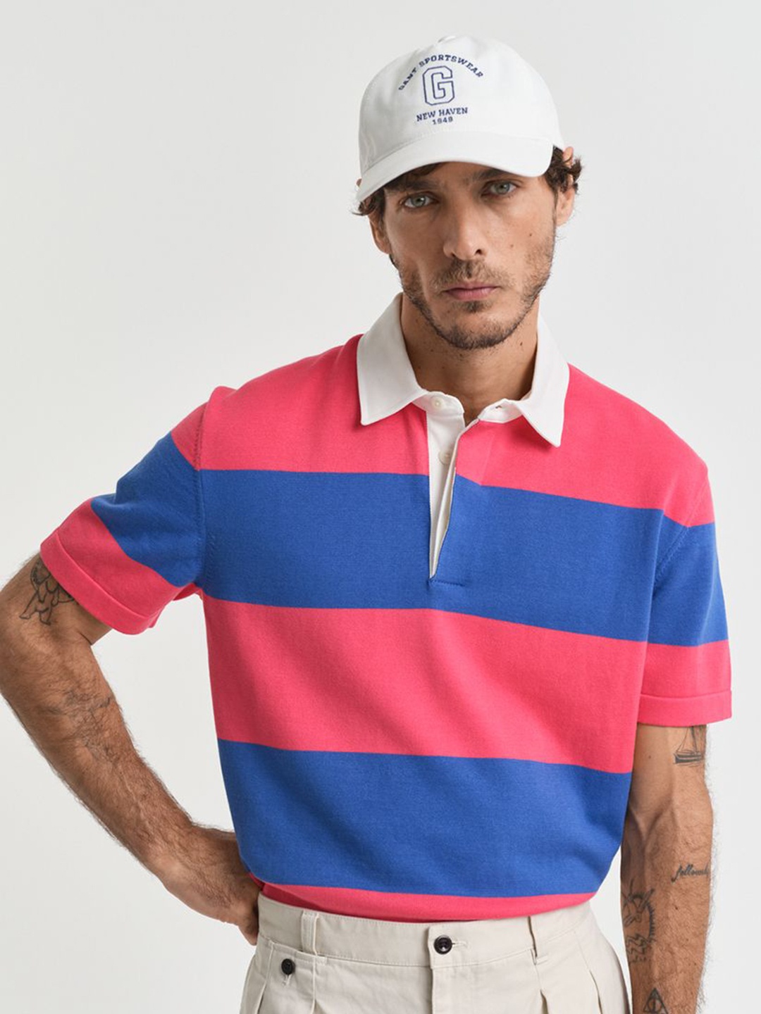

GANT Men Striped Polo Collar Cotton Relaxed Fit T-shirt, Blue