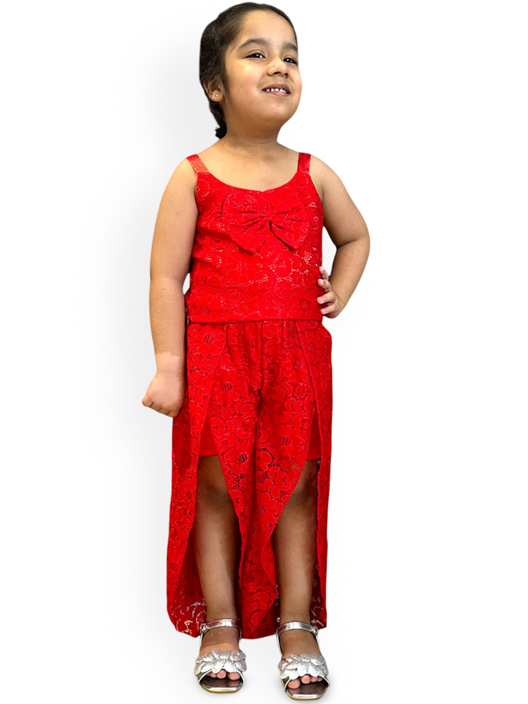 

Samsara Couture Girls Embellished Round Neck Top With Palazzo, Red