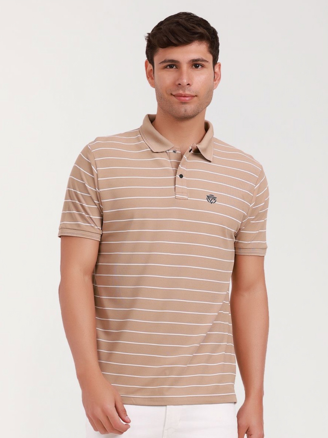 

Fitcore Men Striped Henley Neck Dri-FIT Pockets T-shirt, Beige