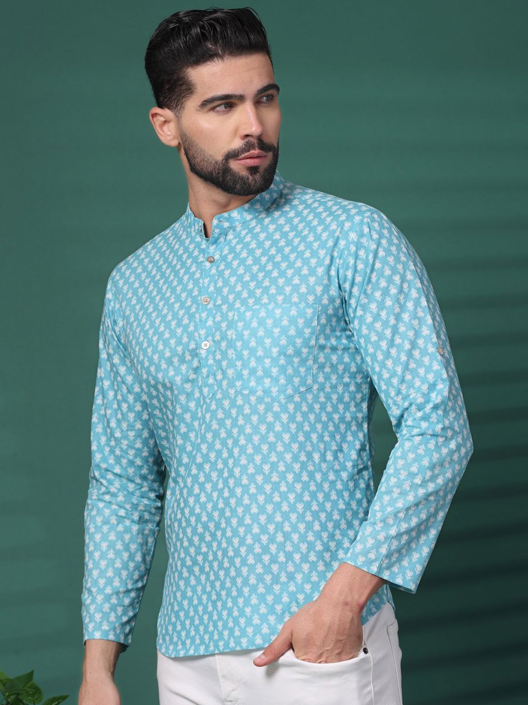 

Sangria Turquoise Blue Floral Printed Mandarin Collar Cotton Short Kurta