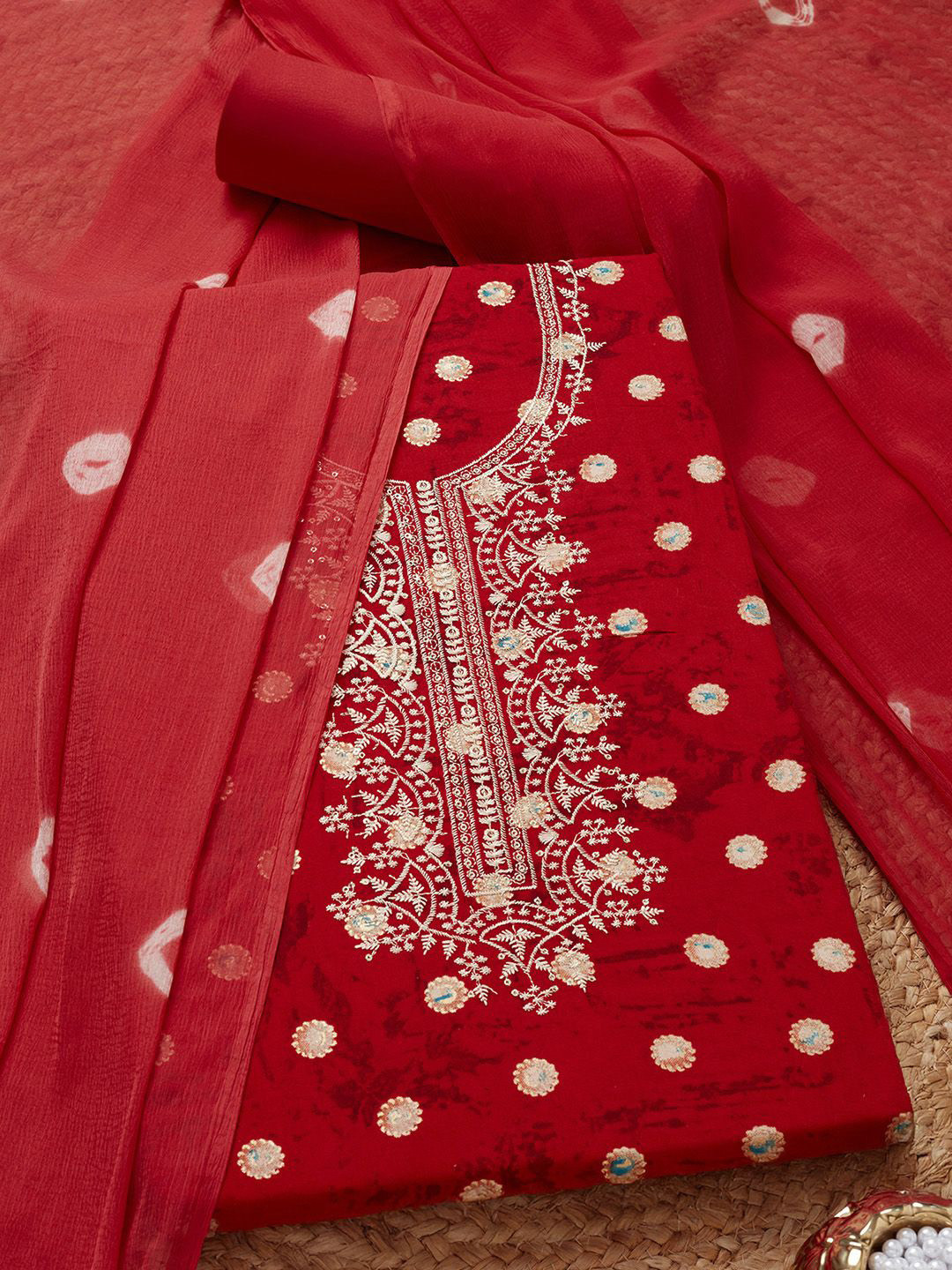 

Soch Floral Embroidered Sequinned Unstitched Dress Material, Red