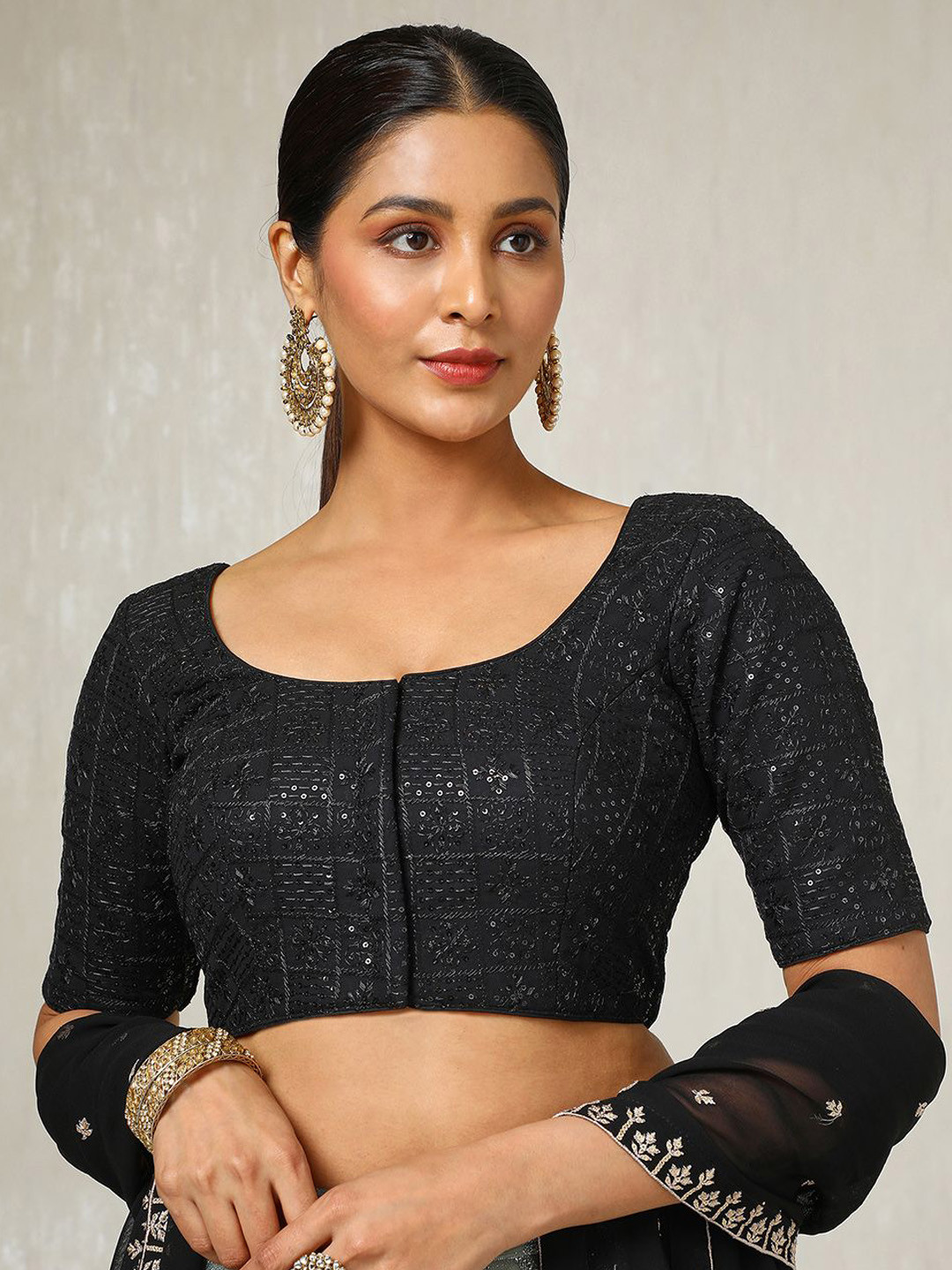 

Soch Embroidered Round Neck Padded Saree Blouse, Black