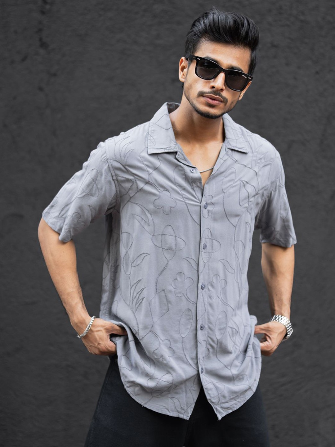 

Powerlook Men Relaxed Fit Cuban Collar Abstract Printed Casual Shirt, Grey
