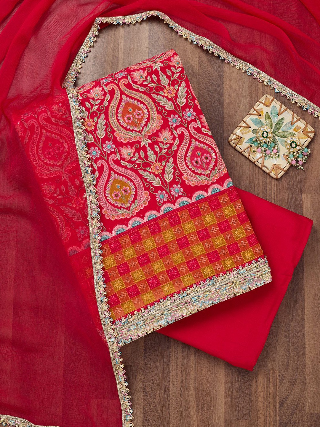 

Koskii Floral Embroidered Beads and Stones Unstitched Dress Material, Red