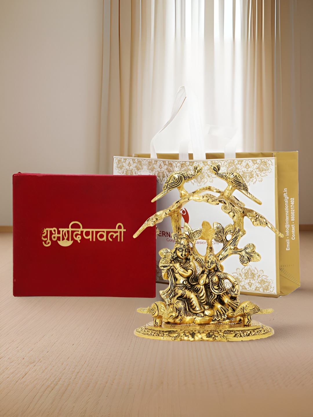 

INTERNATIONAL GIFT Gold Plated Radha Krishna Idol with Velvet Box and Happy Diwali Tag