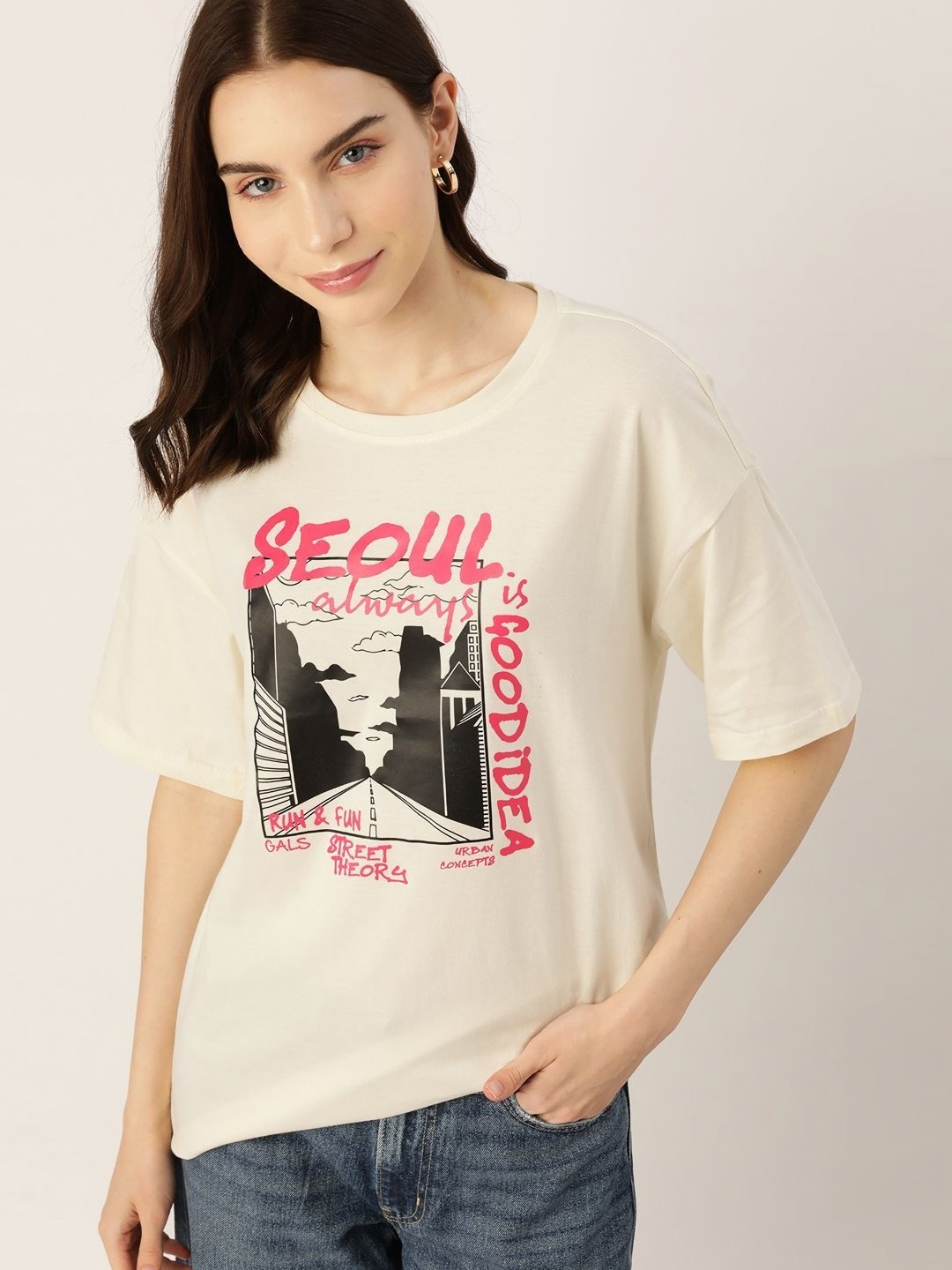 

DressBerry Women Graphic Printed Round Neck Cotton Oversized T-shirt, Beige