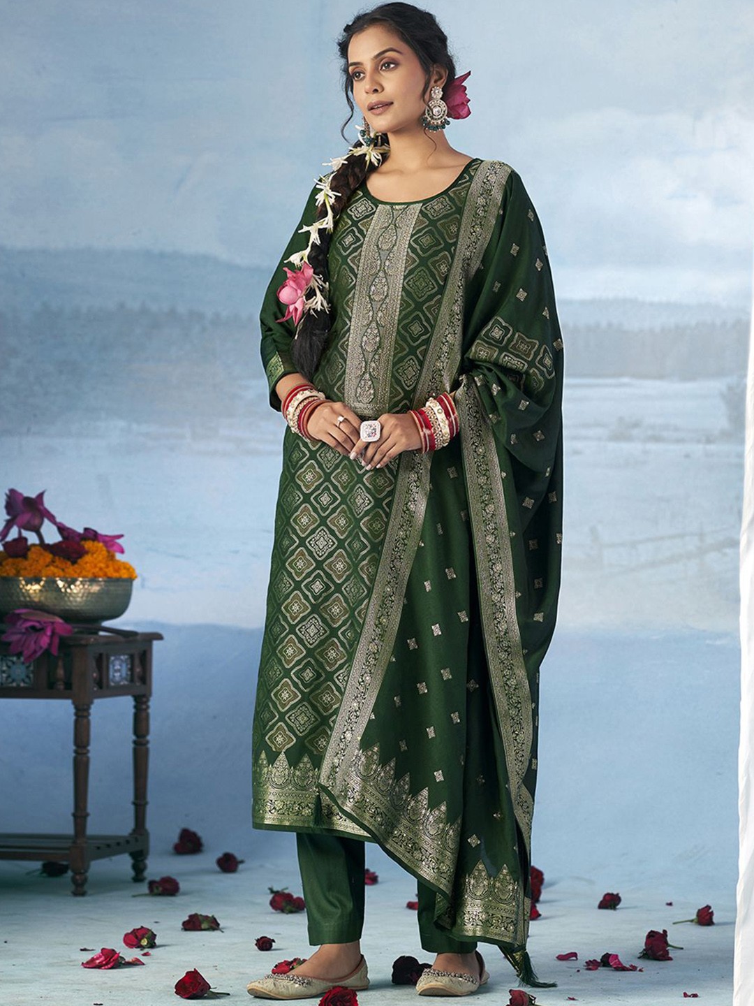 

Anouk Unstitched Dress Material, Green