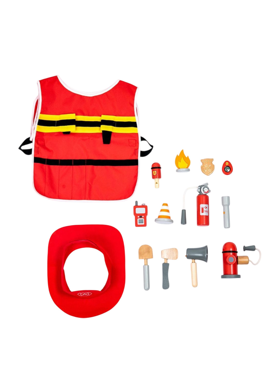 

Nesta Toys Wooden Firefighter Pretend Play Toy with Fireman Costume Kit 14 Pcs, Red