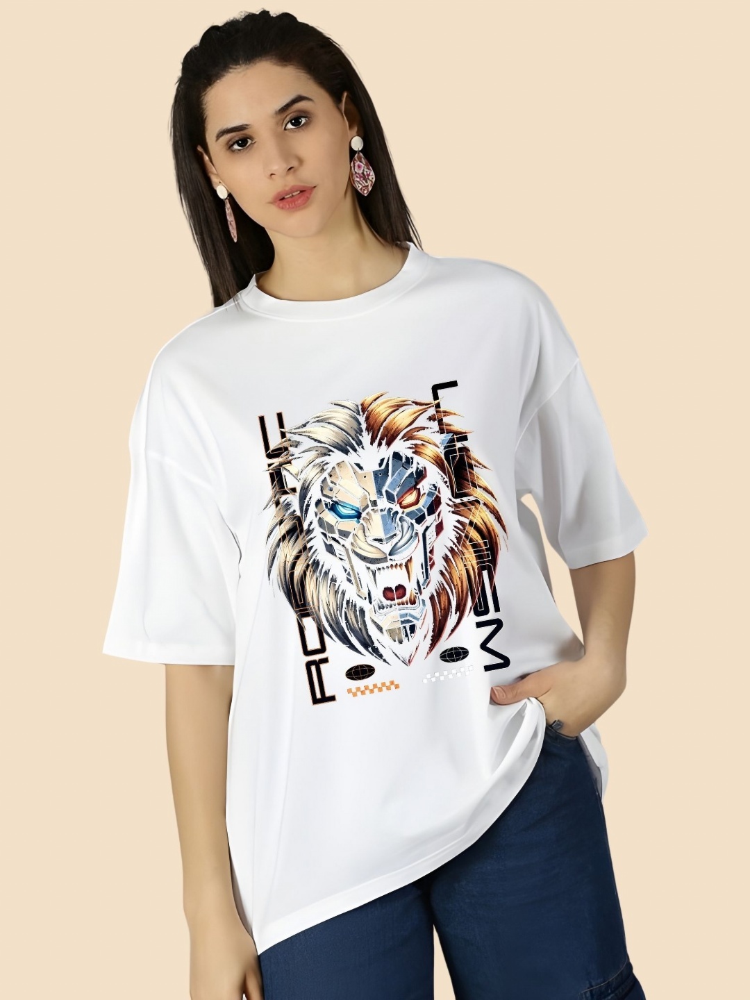 

SZN Women Graphic Printed Round Neck Cotton Oversized T-shirt, White