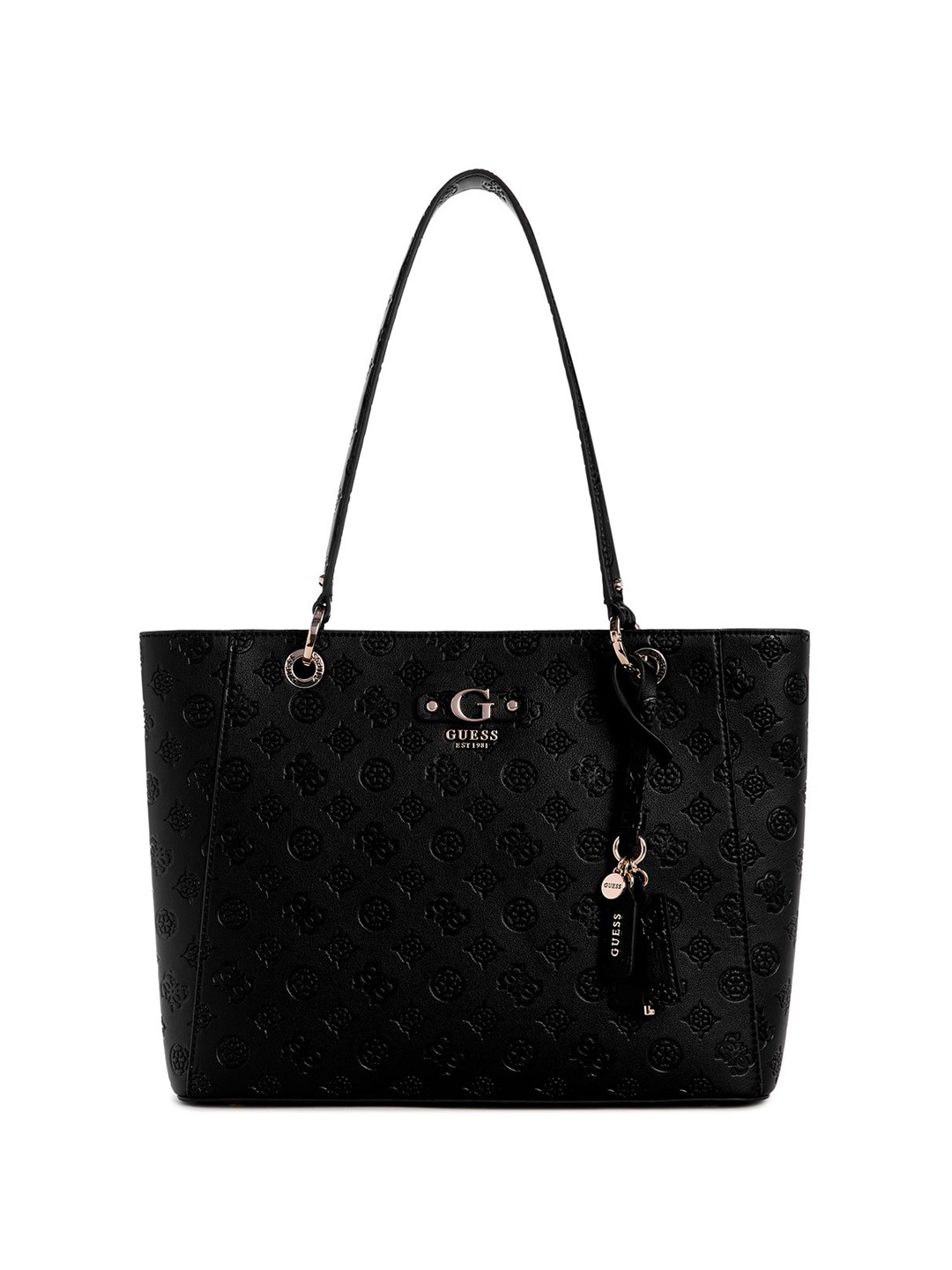 

GUESS Printed PU Bucket Tote Bag with Quilted, Black