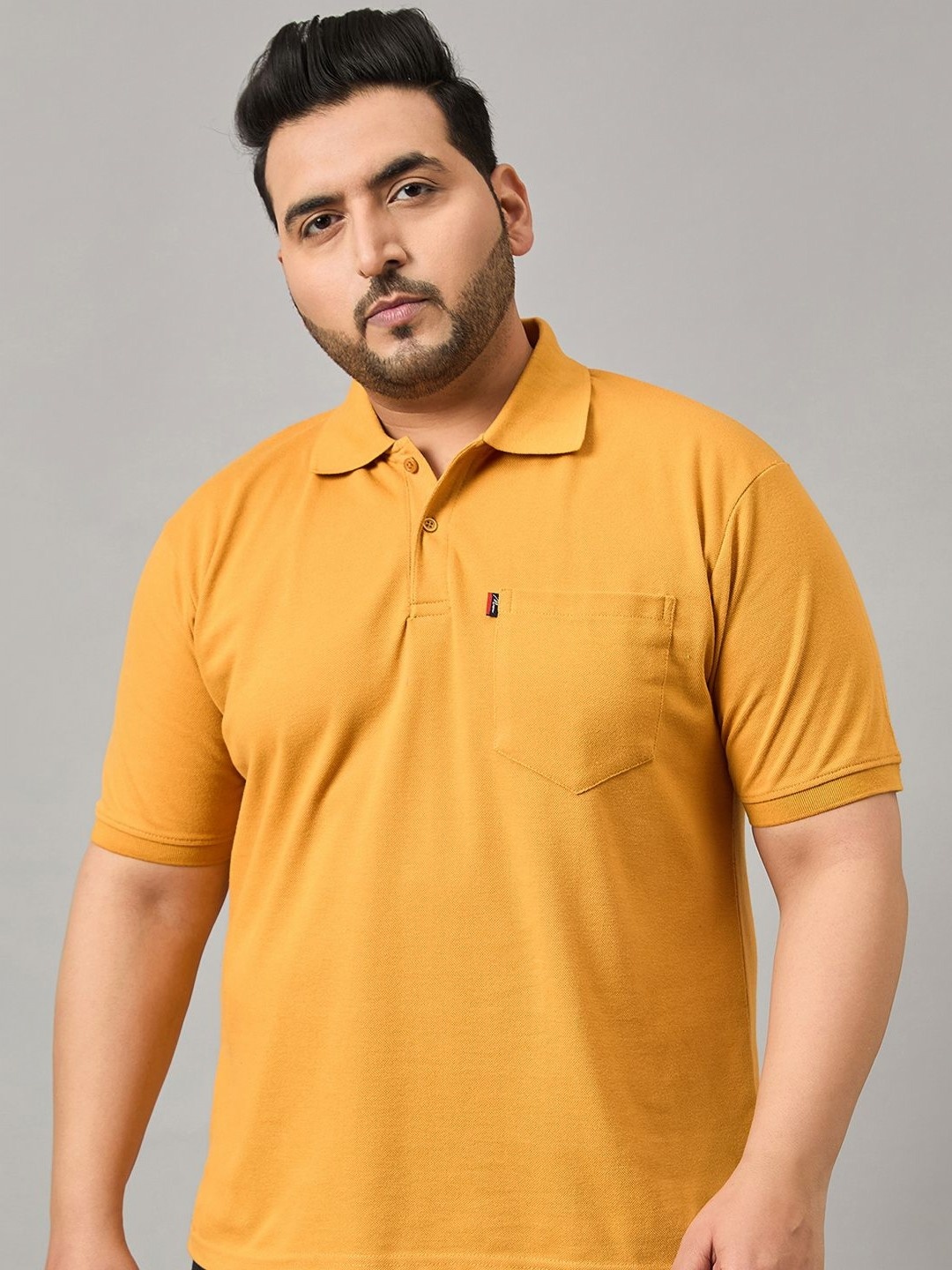 

MXN Men Plus Size Solid Polo Collar Cotton T-shirt, Mustard