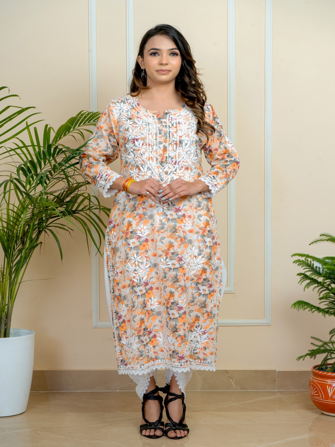 

ADR CHIKAN Floral Embroidered Thread Work Pure Cotton Kurta With Dhoti Pants, Orange