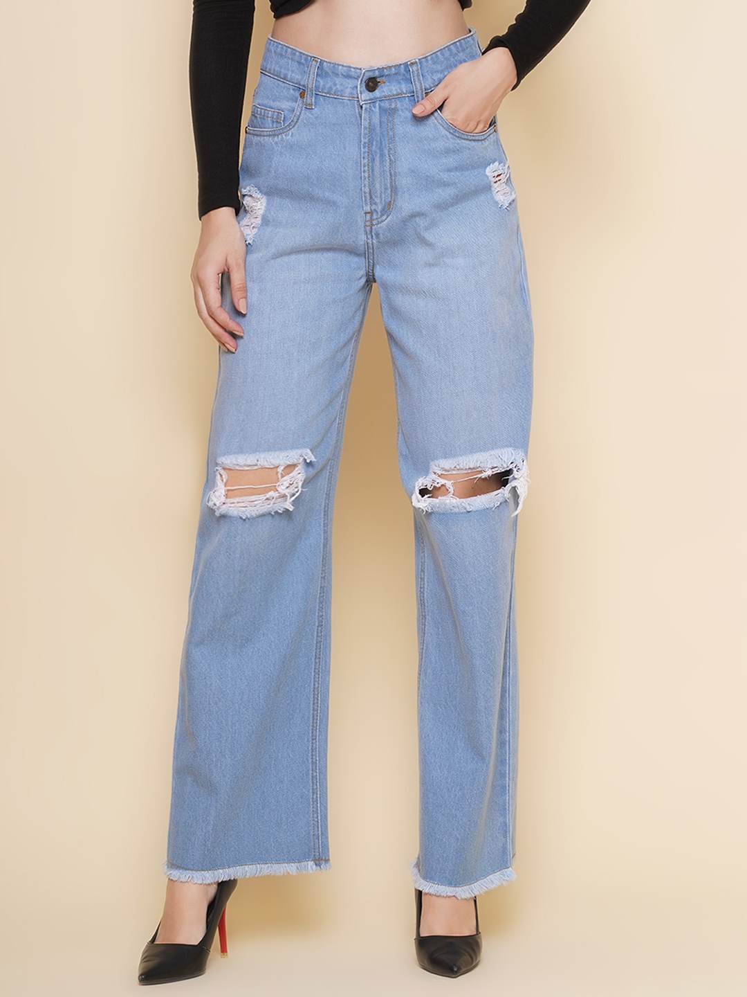 

PUELLA Women Straight Fit High-Rise Slash Knee Light Fade Cotton Jeans, Blue