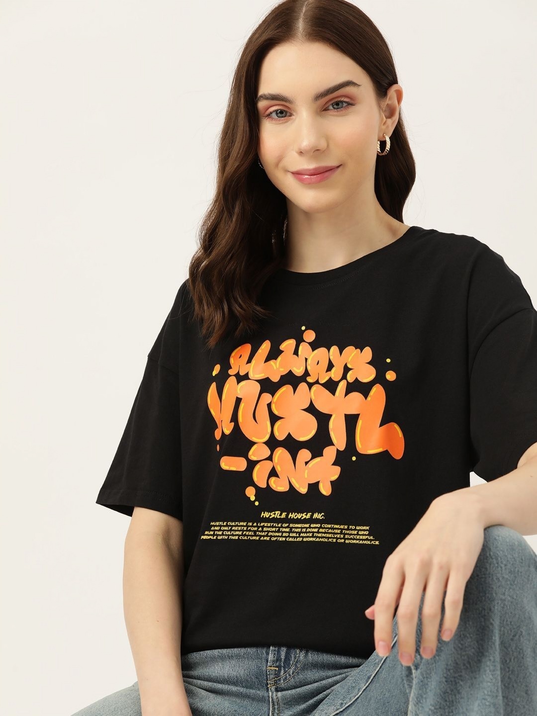 

DressBerry Women Typography Printed Round Neck Cotton Oversized T-shirt, Black