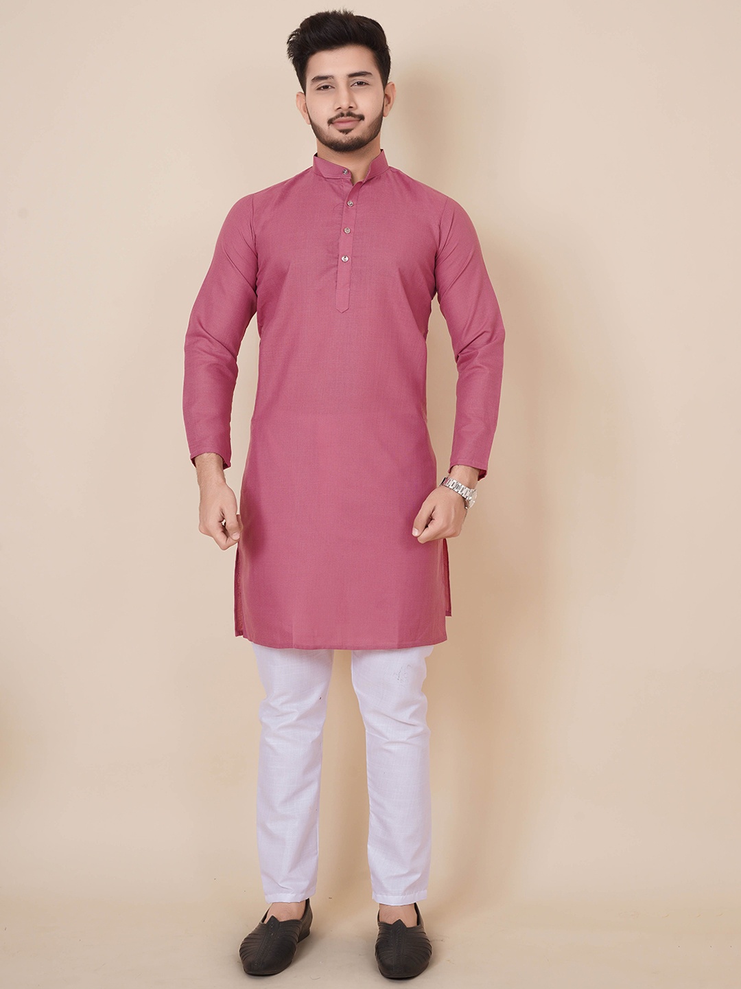 

ALMORA Men Band Collar Pure Cotton Straight Kurta, Pink