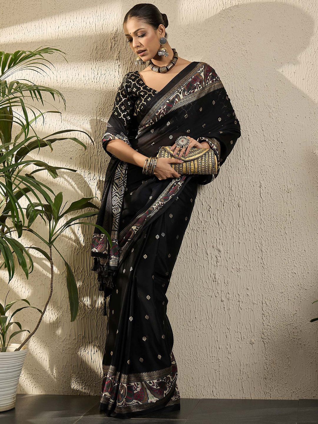 

all about you Woven Design Zari Poly Georgette Banarasi Saree, Black