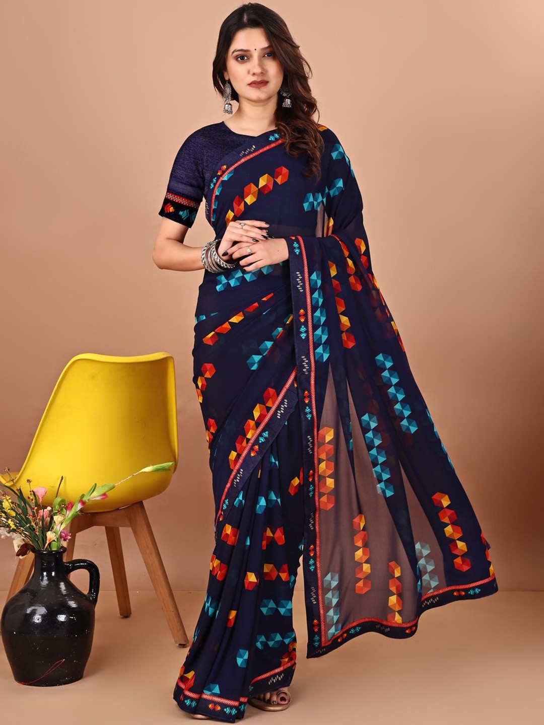 

LeeliPeeri Designer Women Printed Saree With Unstitched Blouse Piece, Blue