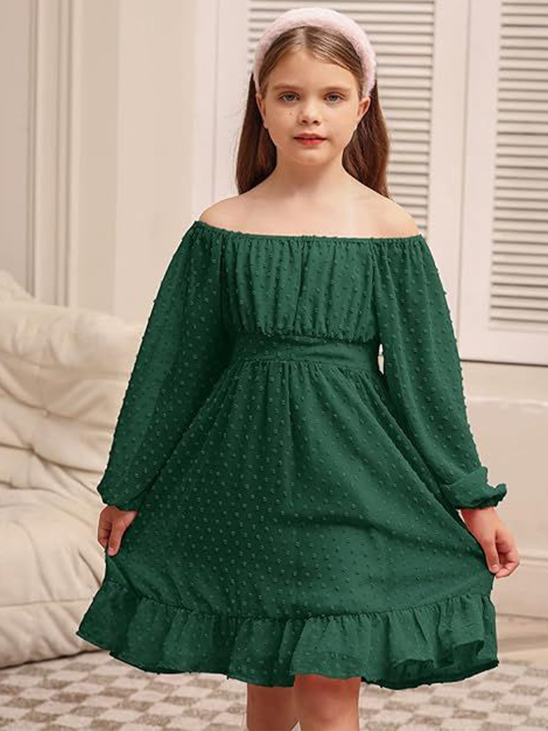

R Cube Puff Sleeve Georgette Fit & Flare Midi Dress, Green