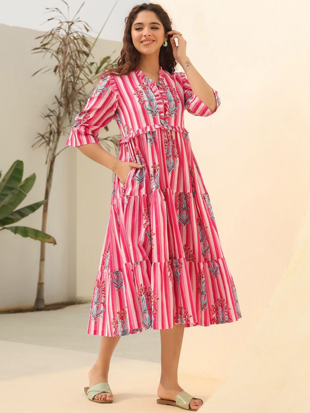 

Rain & Rainbow Pure Cotton Printed Fit & Flare Midi Dress, Pink