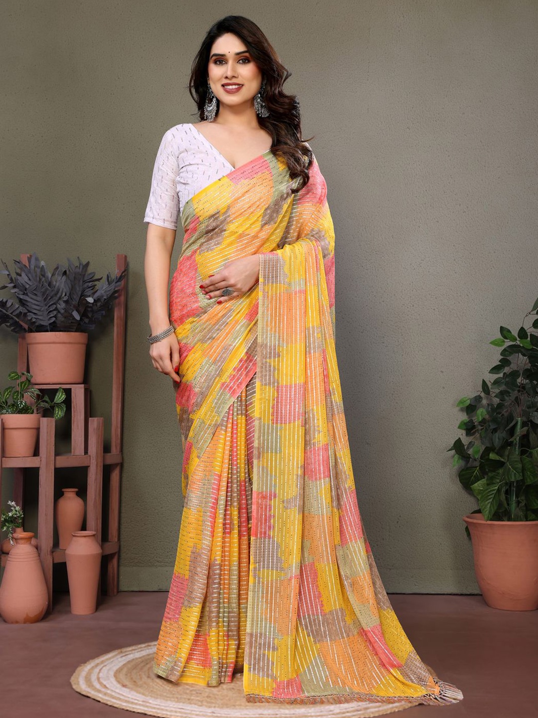 

DIVASTRI Pure Georgette Block Print Saree, Mustard