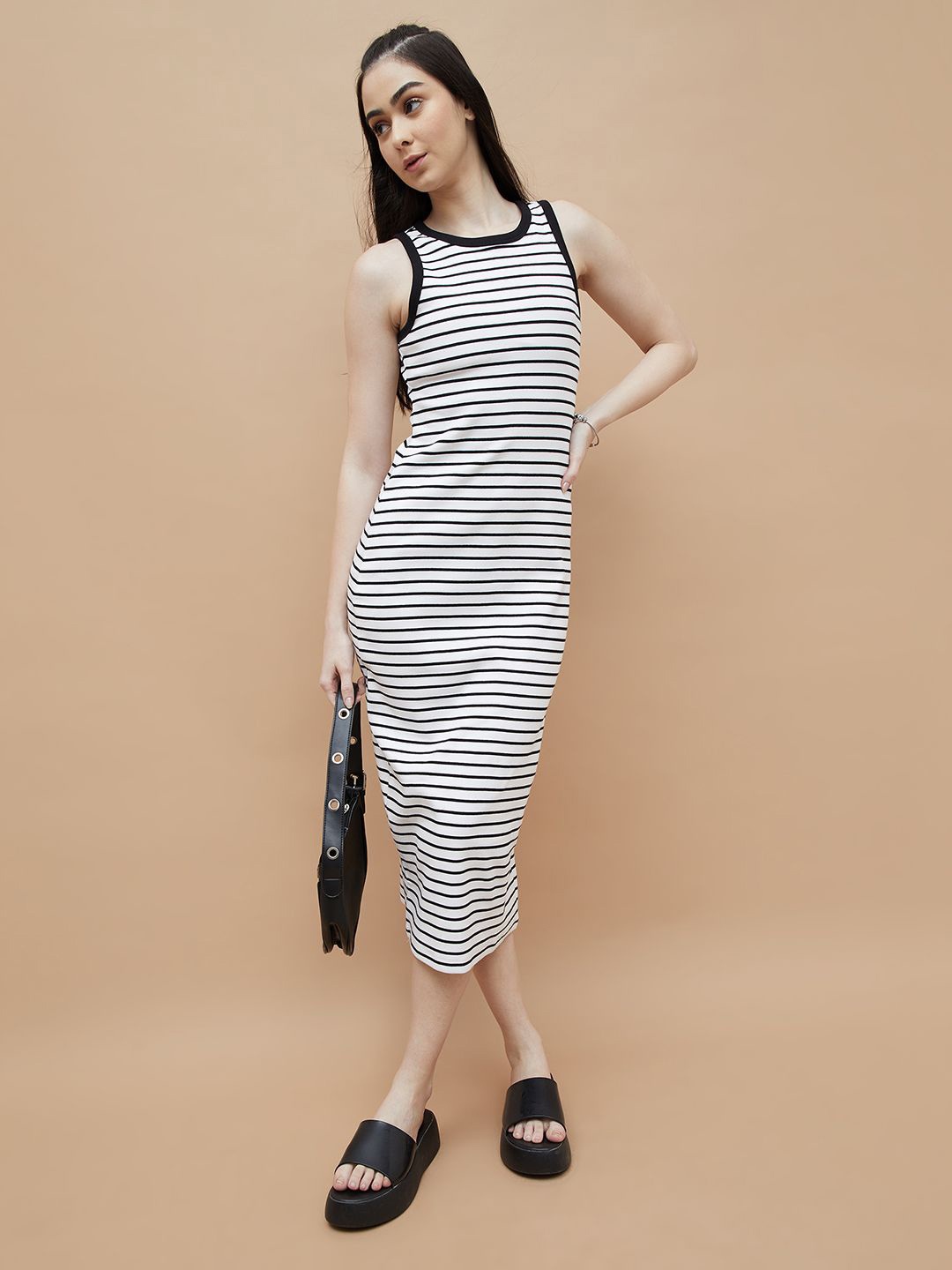 

Ginger by Lifestyle Monochrome Striped Cotton Bodycon Midi Dress, White
