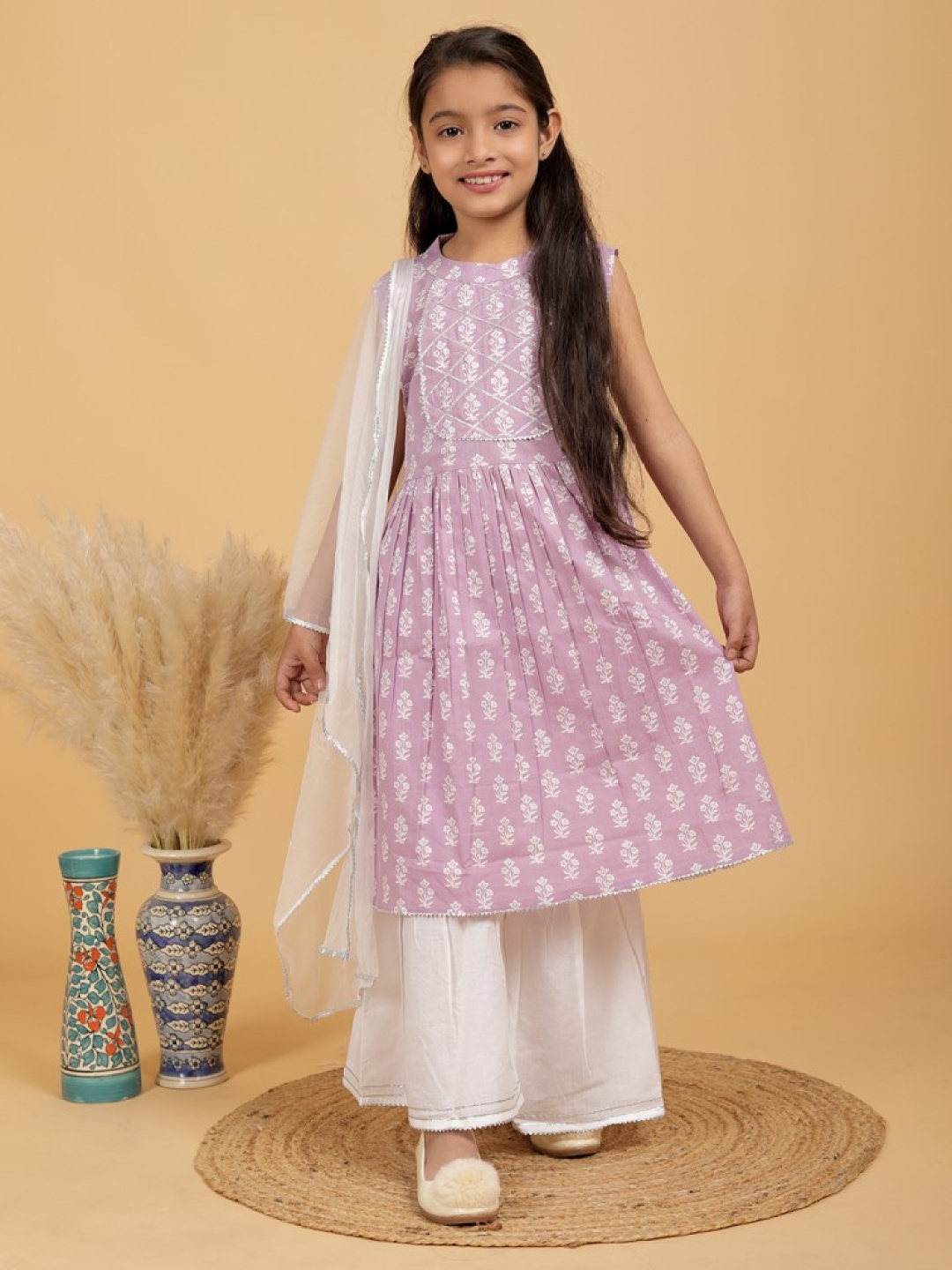 

TUNIYA Girls Floral Printed Cotton Blend Sleeveless Anarkali Kurta With Palazzos & Dupatta, Purple