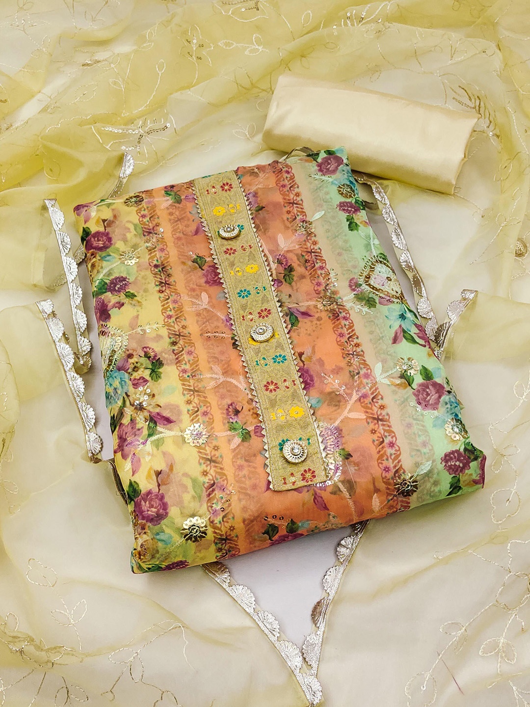 

Blissta Printed Organza Unstitched Dress Material, Yellow
