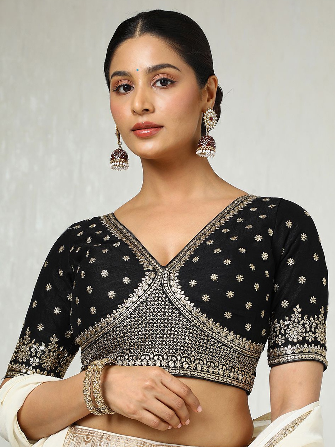 

Soch Embroidered V Neck Padded Saree Blouse With Sequins, Black