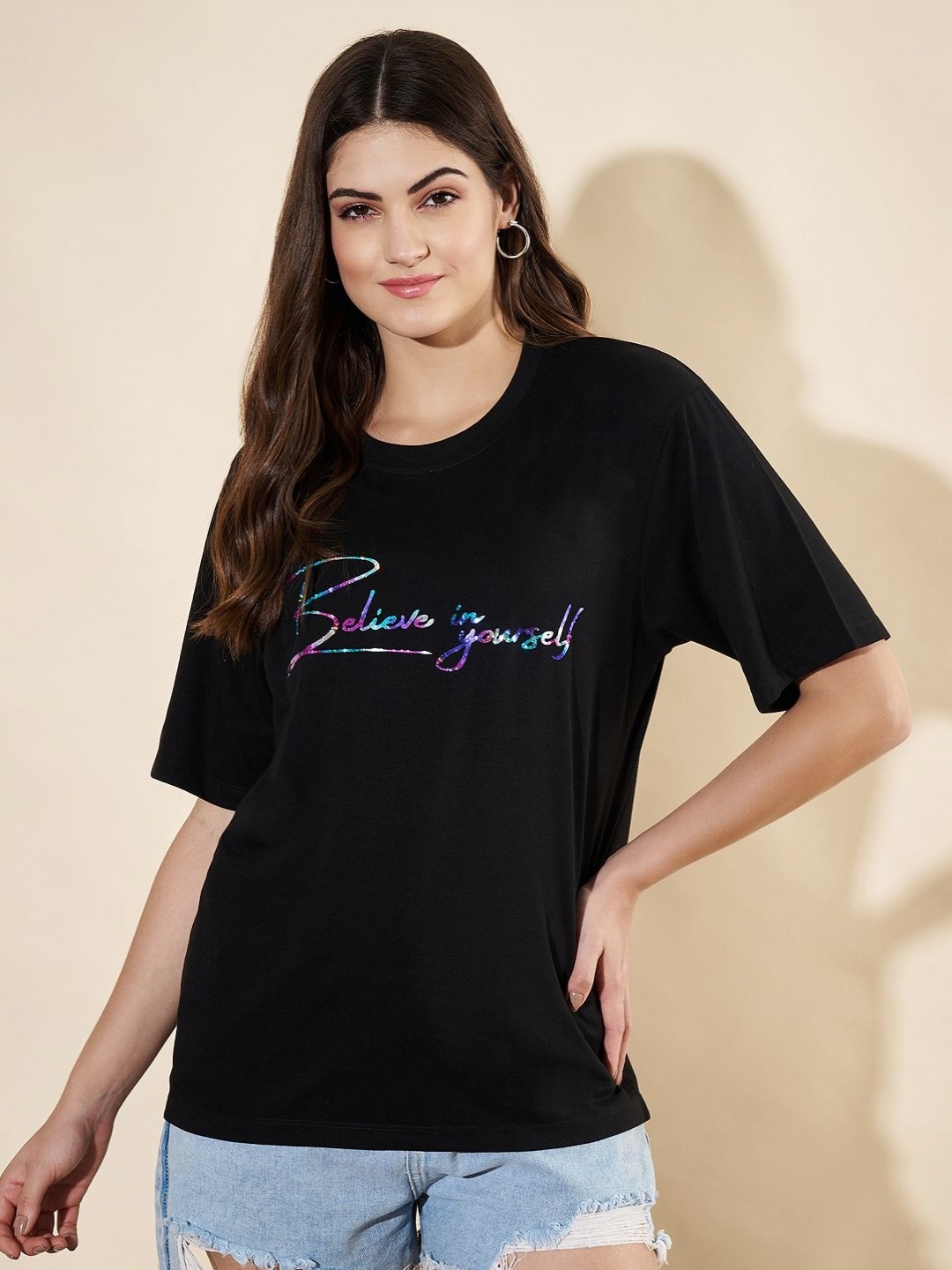 

Slenor Women Typography Printed Round Neck Cotton Oversized T-shirt, Black