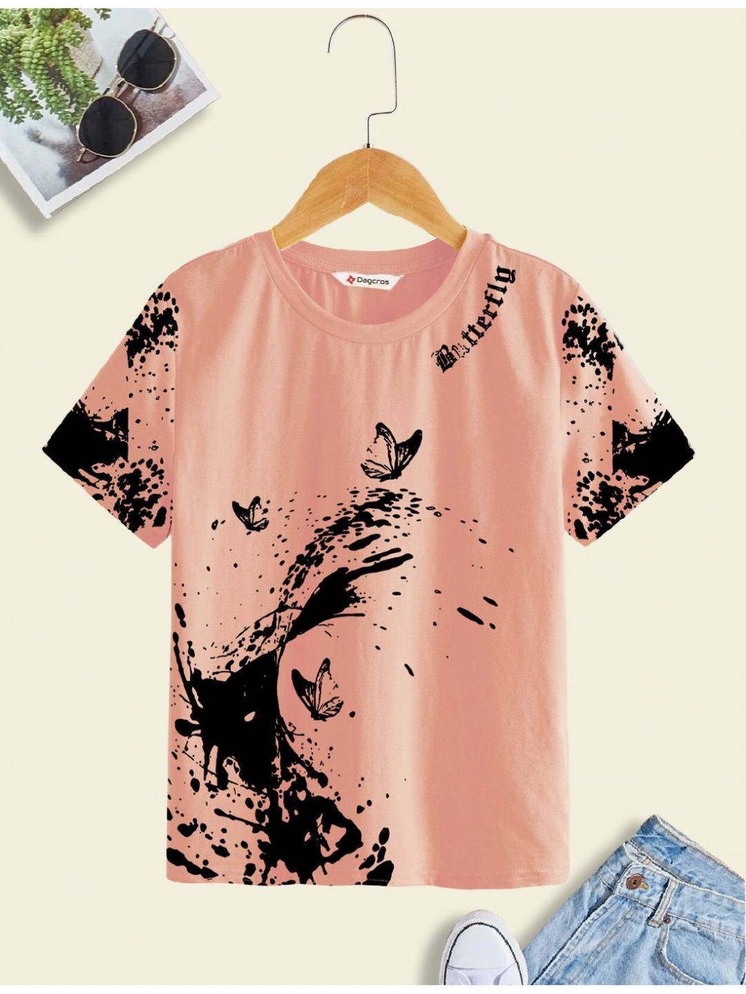 

Dagcros Boys Graphic Printed Round Neck Cotton T-shirt, Peach