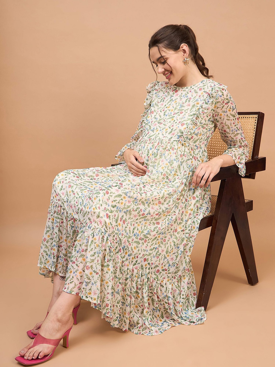 

Shades of Sabi Floral Print Bell Sleeve Chiffon Fit & Flare Midi Maternity Dress, White