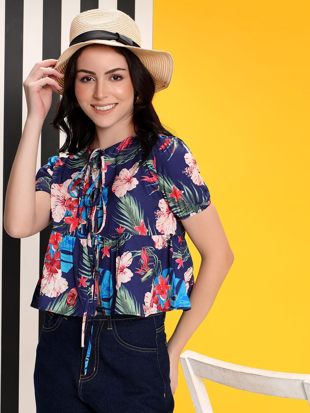 

Kotty Women Floral Printed Tie-Up Neck Puff Sleeves Peplum Top, Navy blue