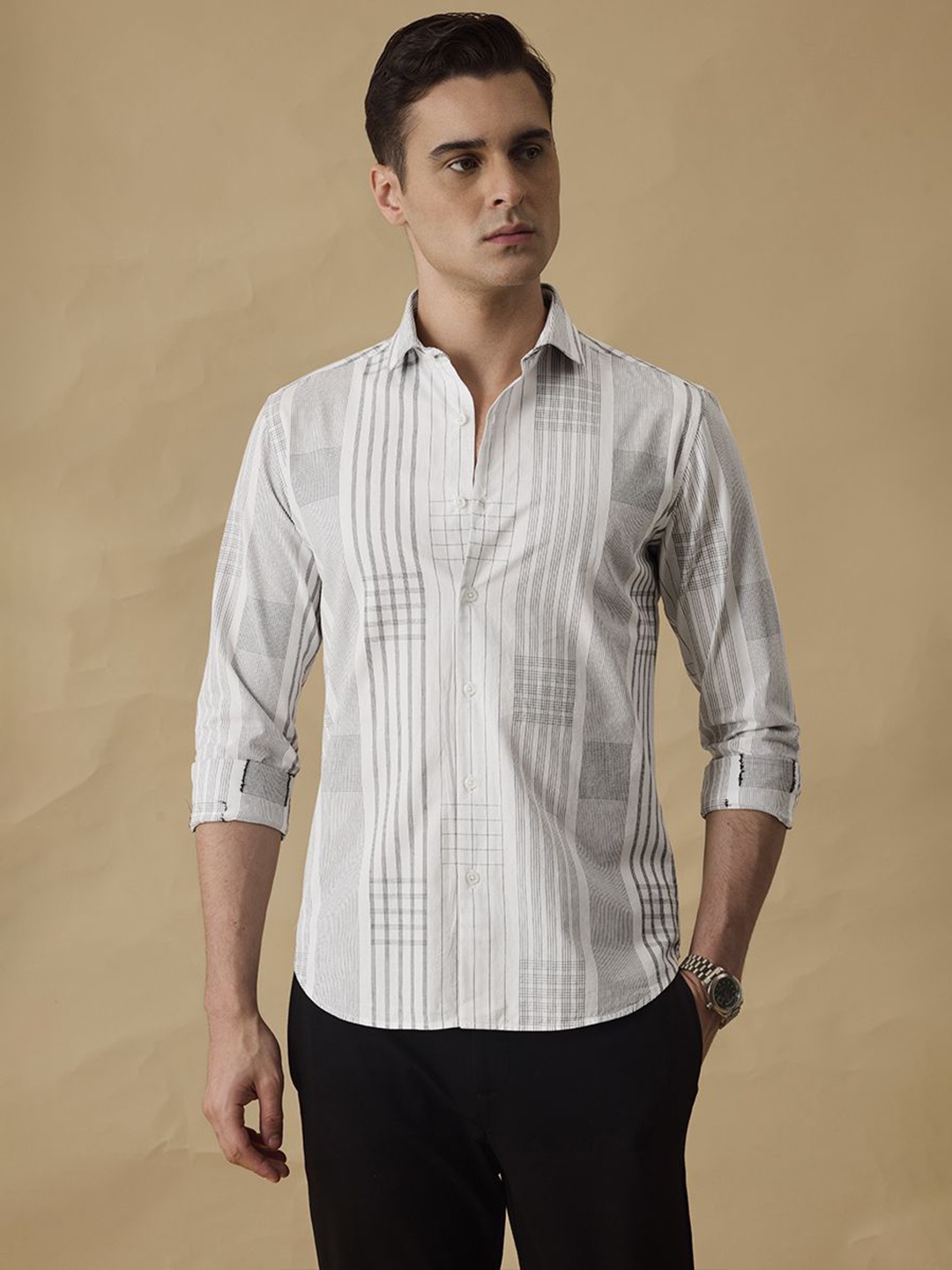 

Snitch Men Classic Slim Fit Opaque Checked Casual Shirt, White