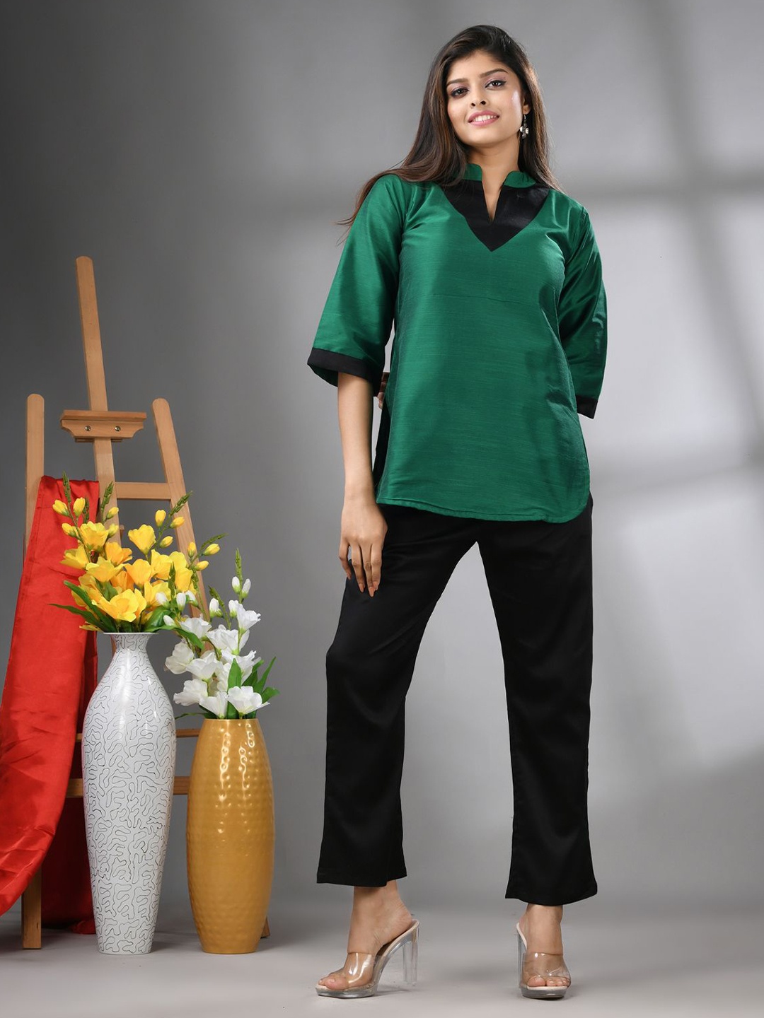 

Charukriti Women Solid Bangalore Silk Longline Shirt Style Top, Green