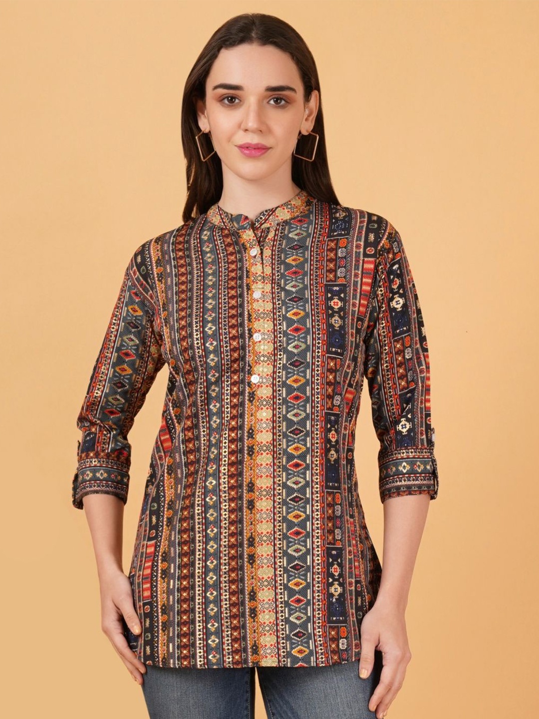 

FebQ Mandarin Collar Printed Ethnic Tunic, Navy blue