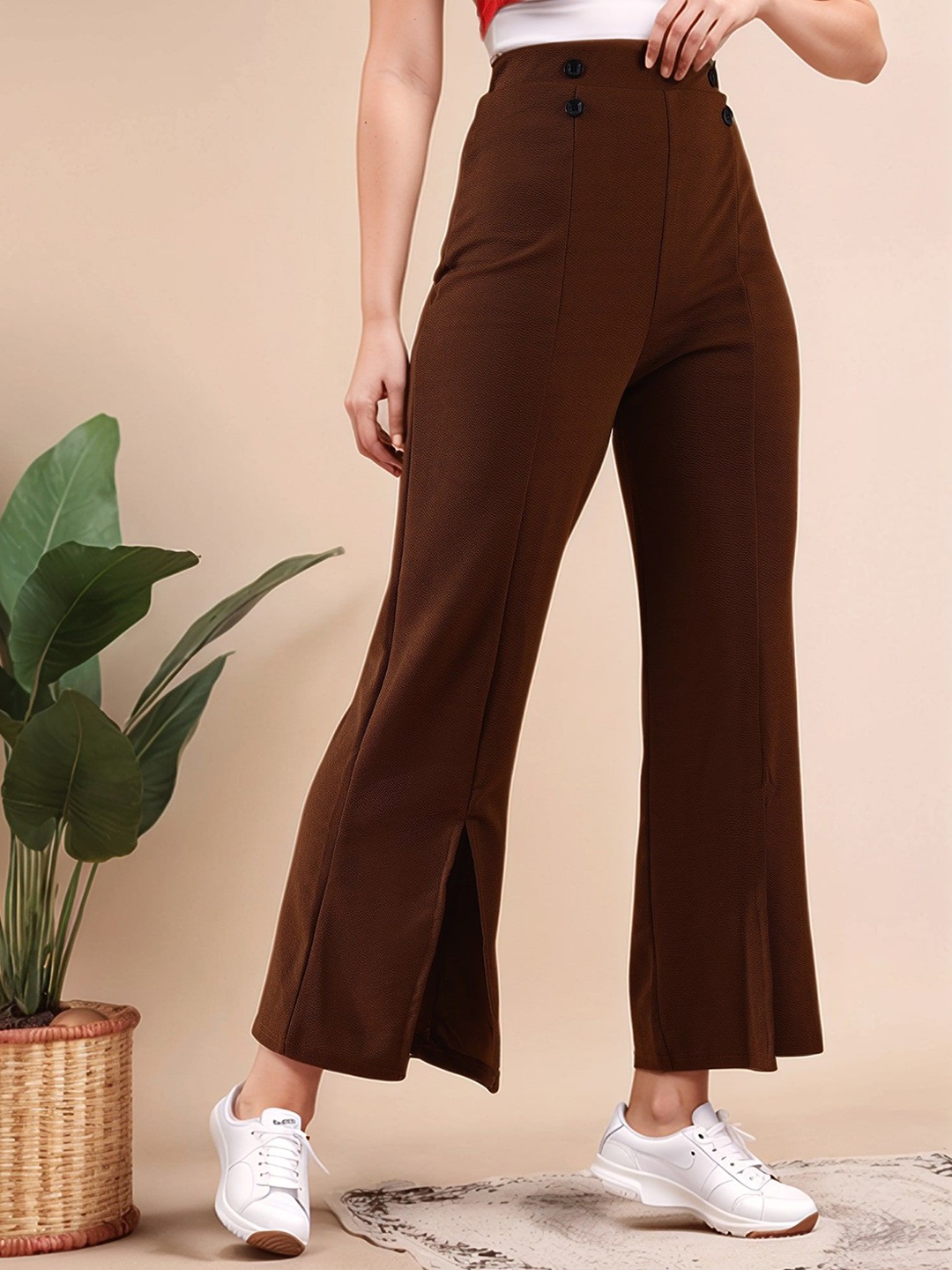 

Mast & Harbour Women Flared High-Rise Easy Wash Trousers, Coffee brown